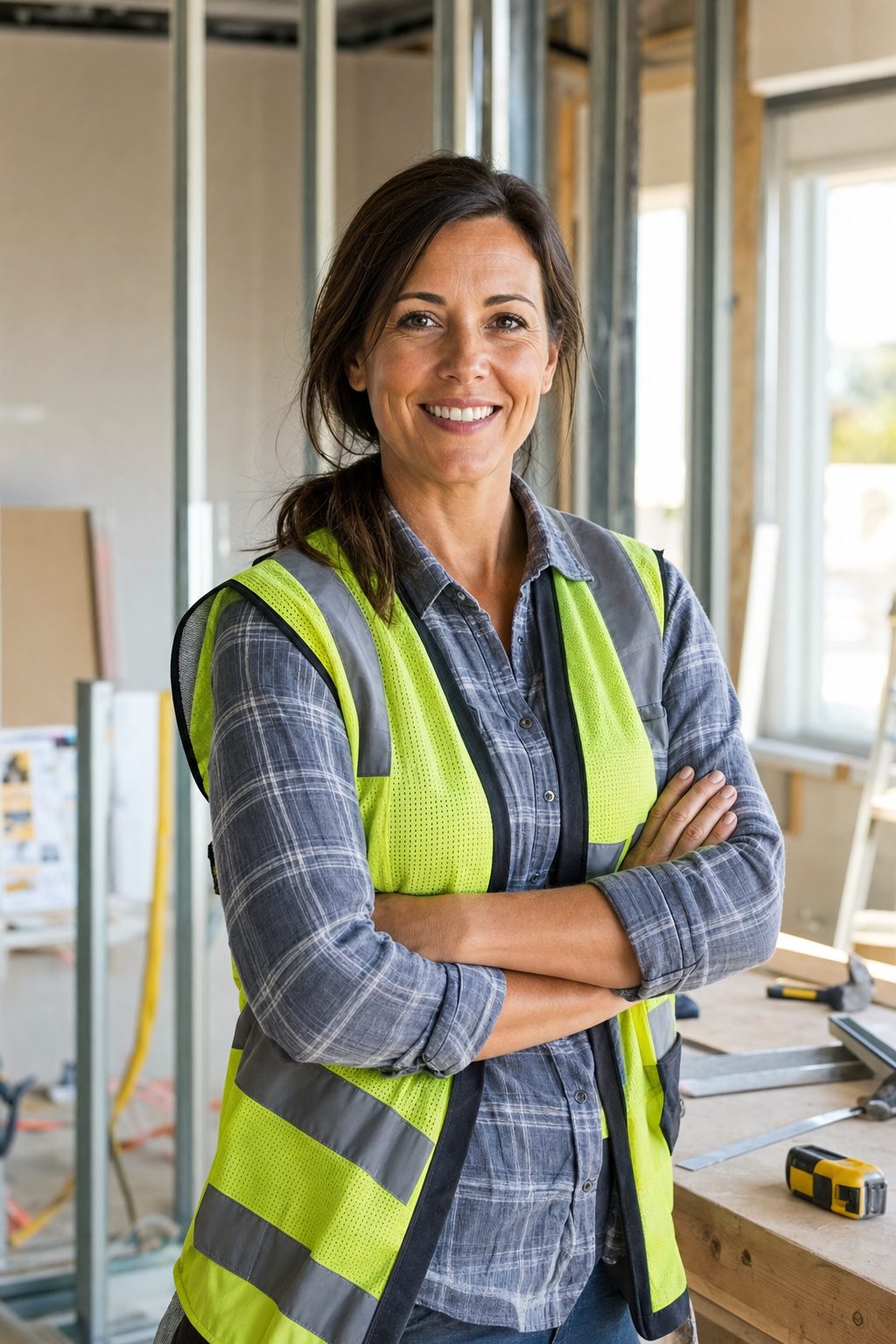 Océane Lefevre, artisan cloisonneuse, souriante bras croisés sur un chantier de cloisons à Albi