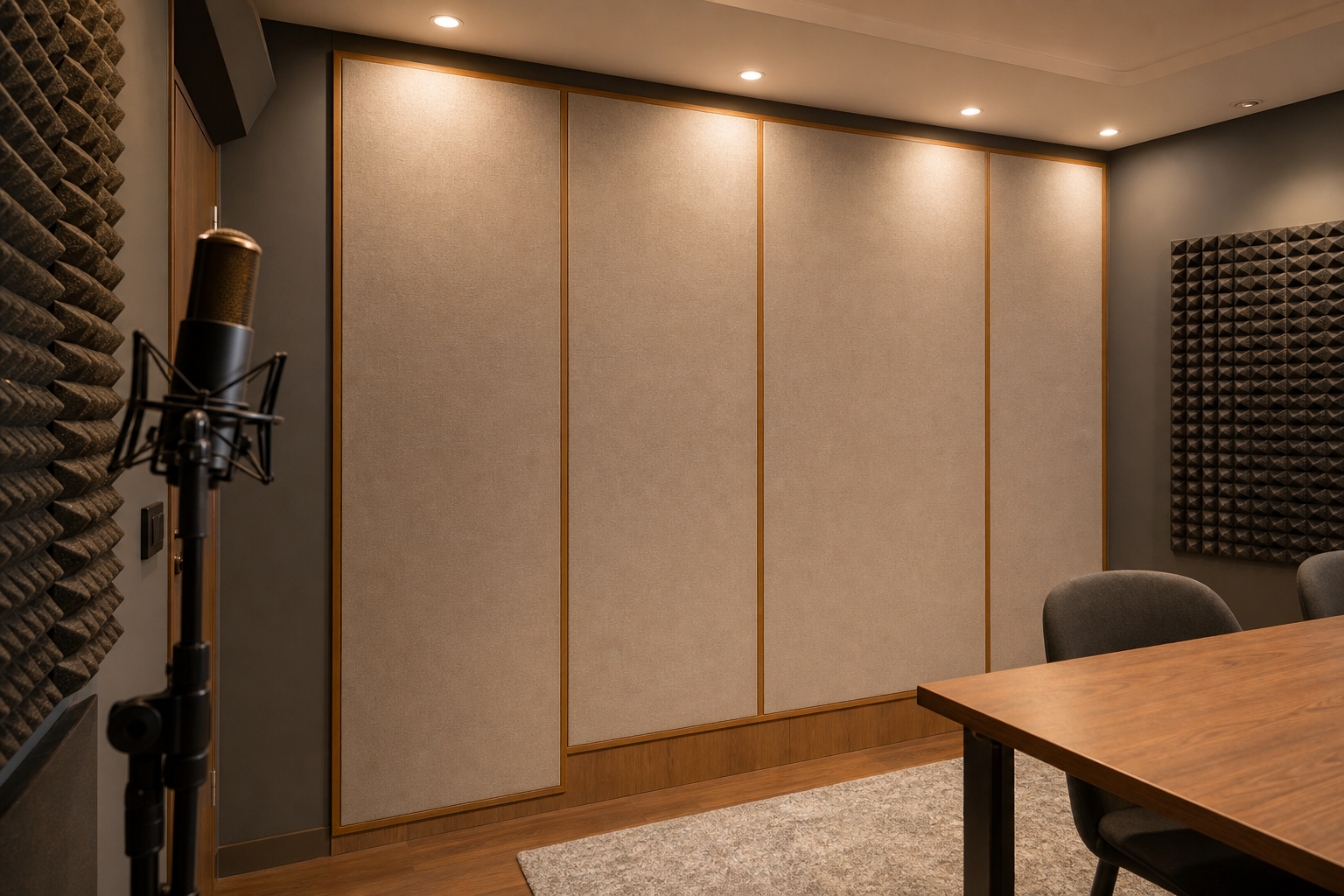 Cloison acoustique posée dans un home-studio avec panneaux absorbants visibles