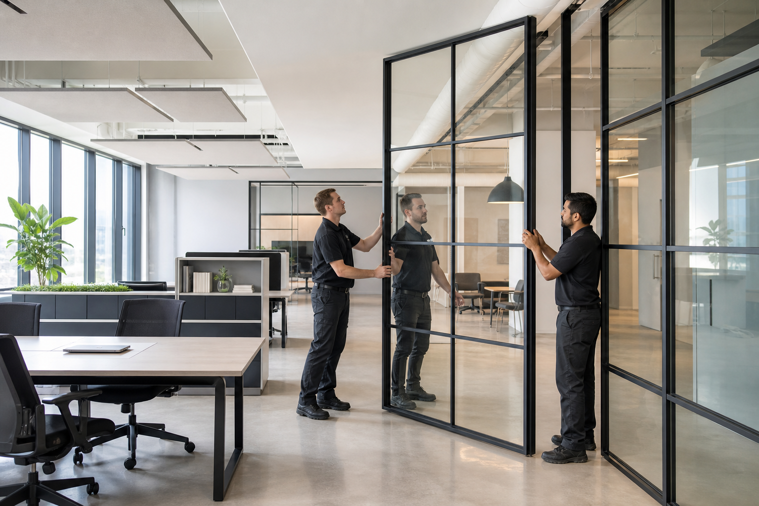 Bureau open-space reconfiguré par de nouvelles cloisons modulables et lumineuses