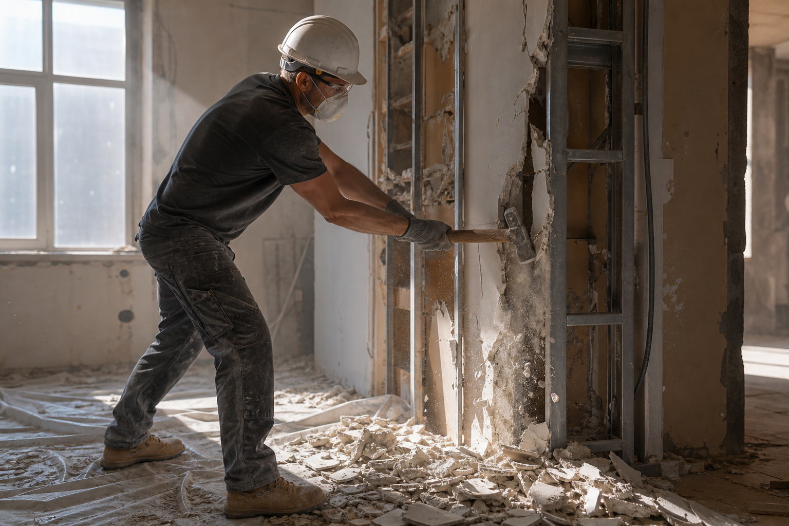 Ouvrier démolissant une ancienne cloison à la masse dans le cadre d'une rénovation